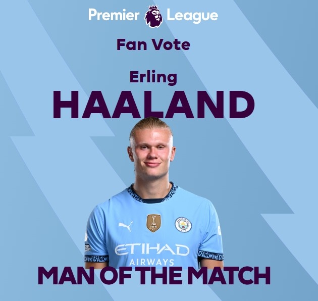 打進(jìn)致勝球！英超官方：哈蘭德當(dāng)選曼城1-0熱刺全場最佳球員