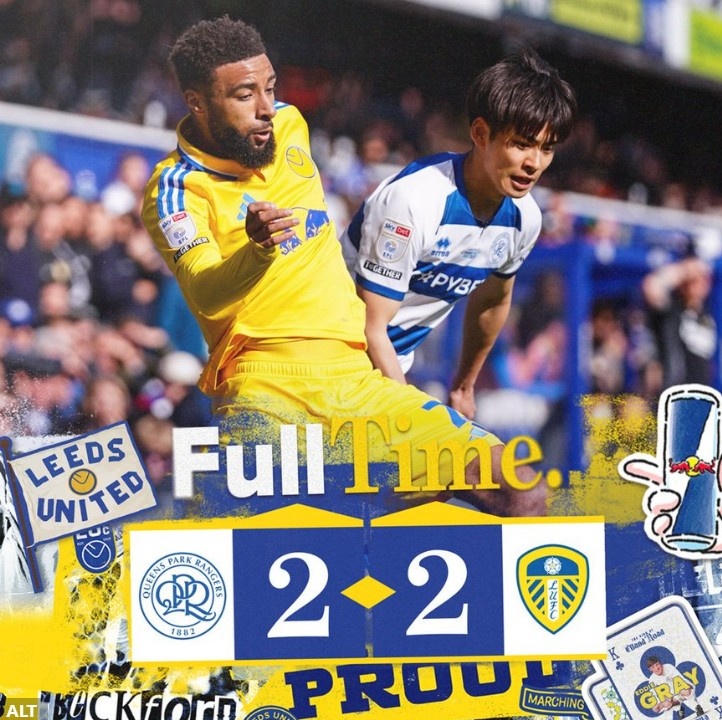 英冠榜首利茲聯(lián)連追兩球2-2戰(zhàn)平QPR，近4輪僅1勝領(lǐng)先優(yōu)勢縮小